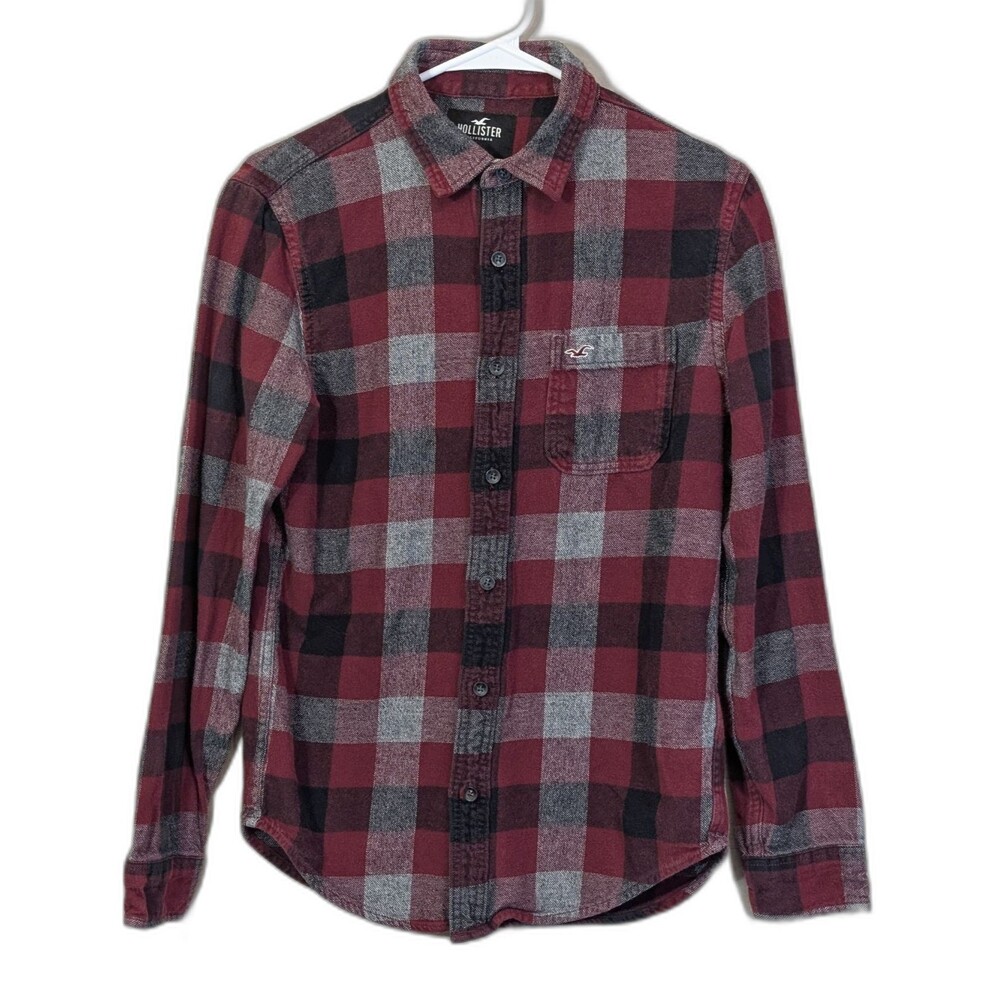 Hollister Men SMALL Red Black Gray Flannel Button Down Cotton Preppy Plaid Shirt